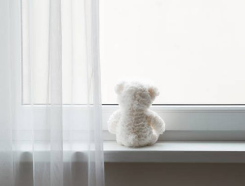 nounours blanc face à fenêtre